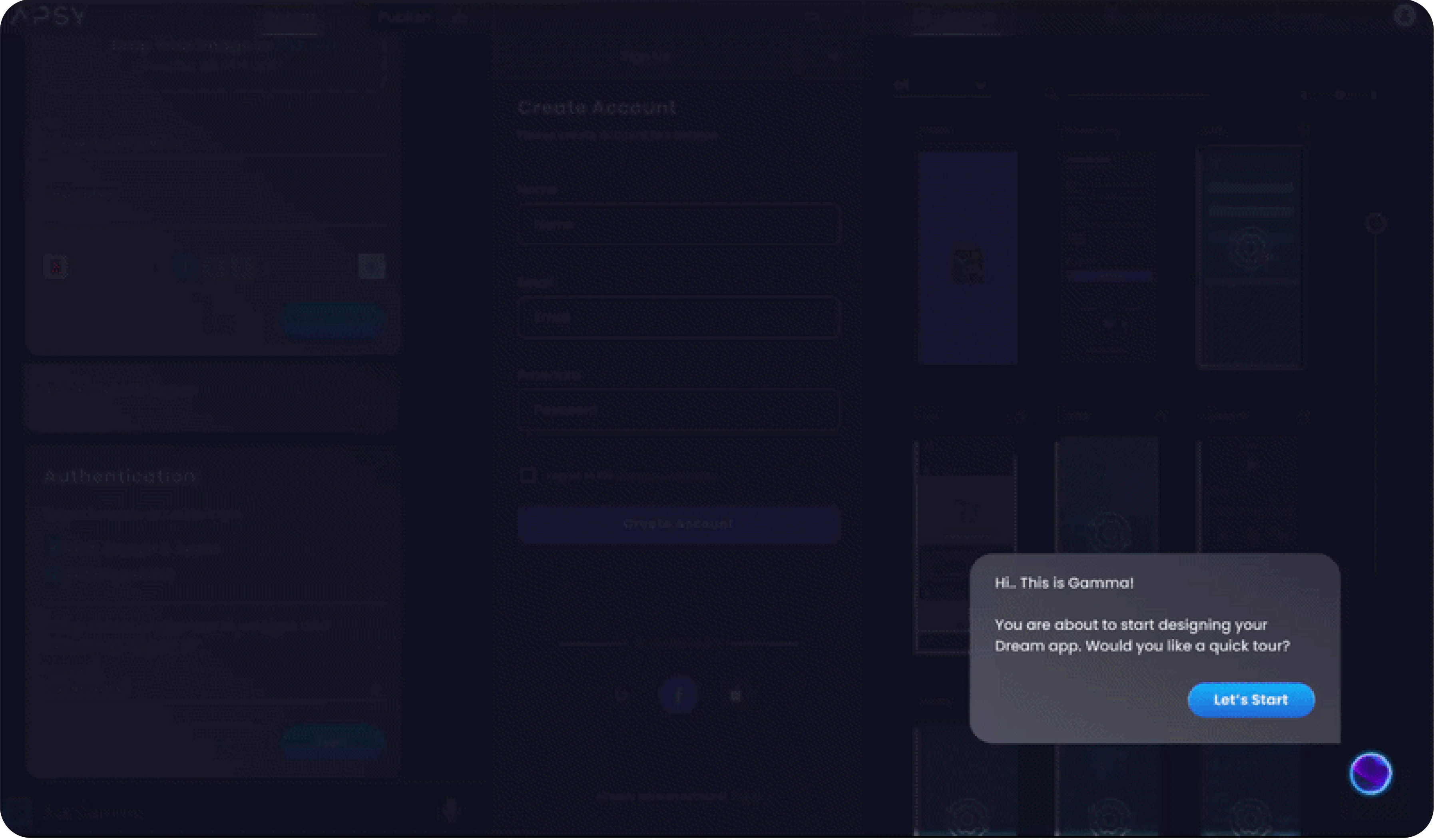 Apsy builder screens in dark mode: the app editor, the Create Account form, the dashboard of app previews, and the Gamma assistant offering a quick tour