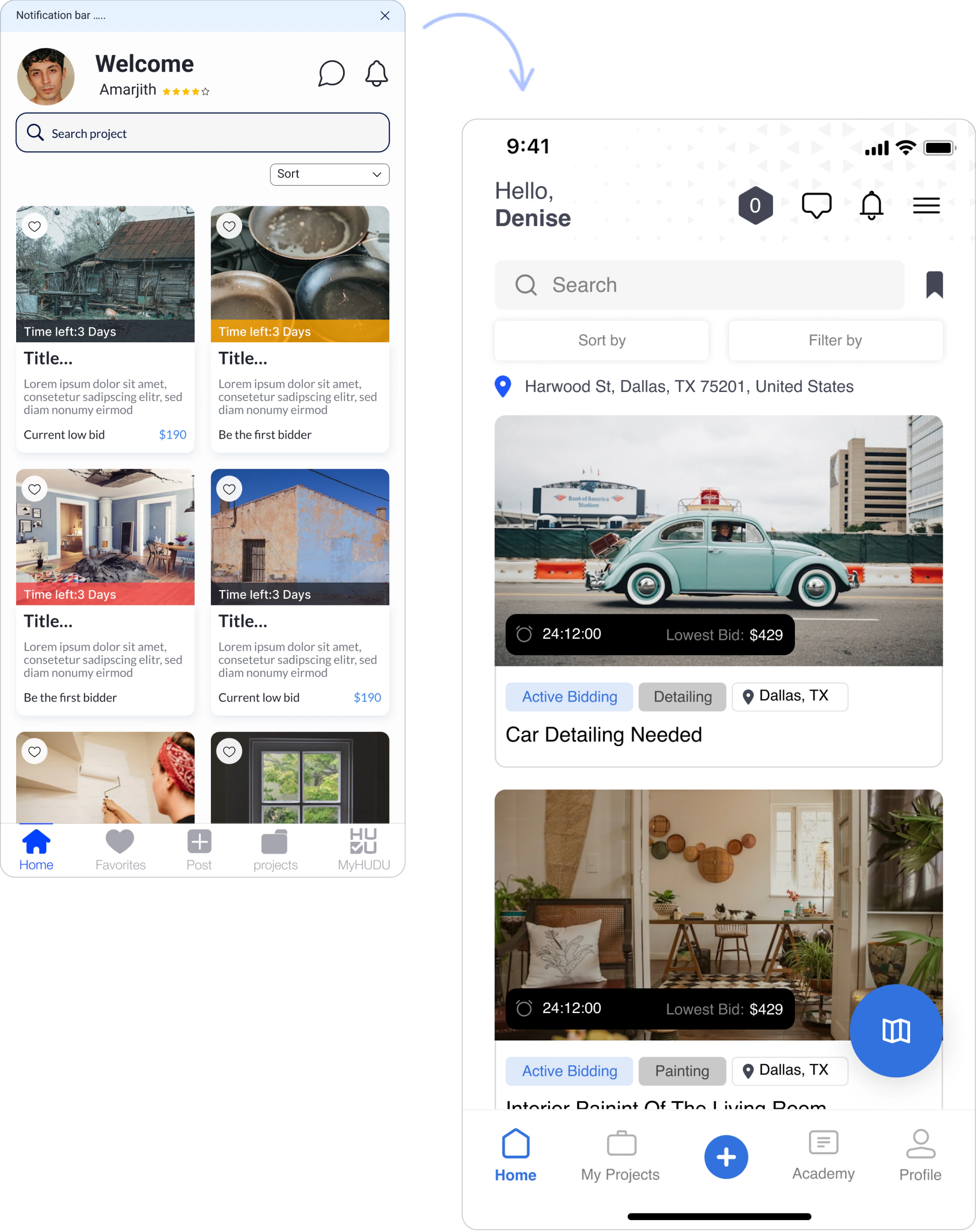 Homepage before and after: the old grid of small project cards next to the redesigned home with large photos, sort and filter, location and a map button