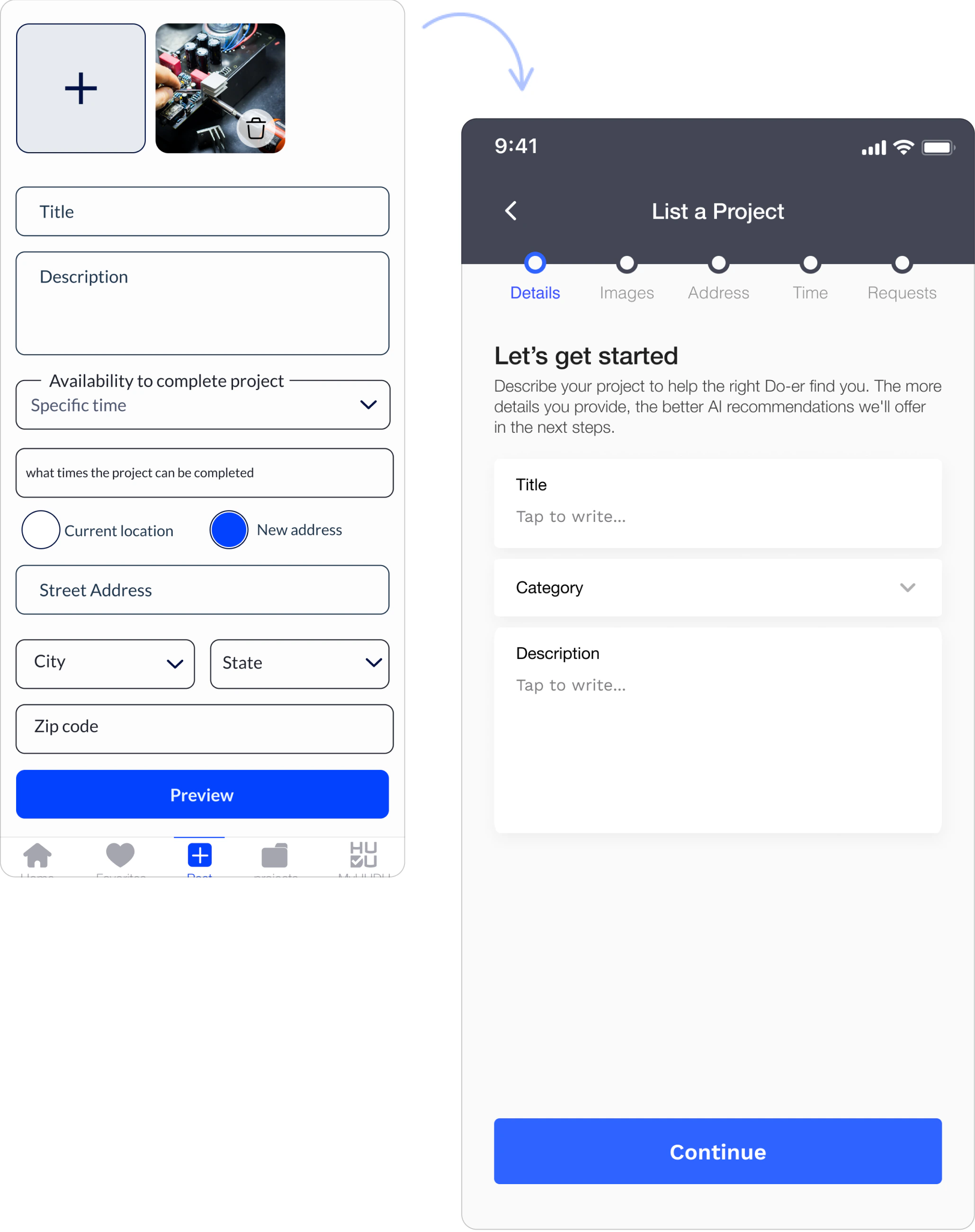 Listing flow before and after: the old single long form next to the redesigned five-step List a Project flow