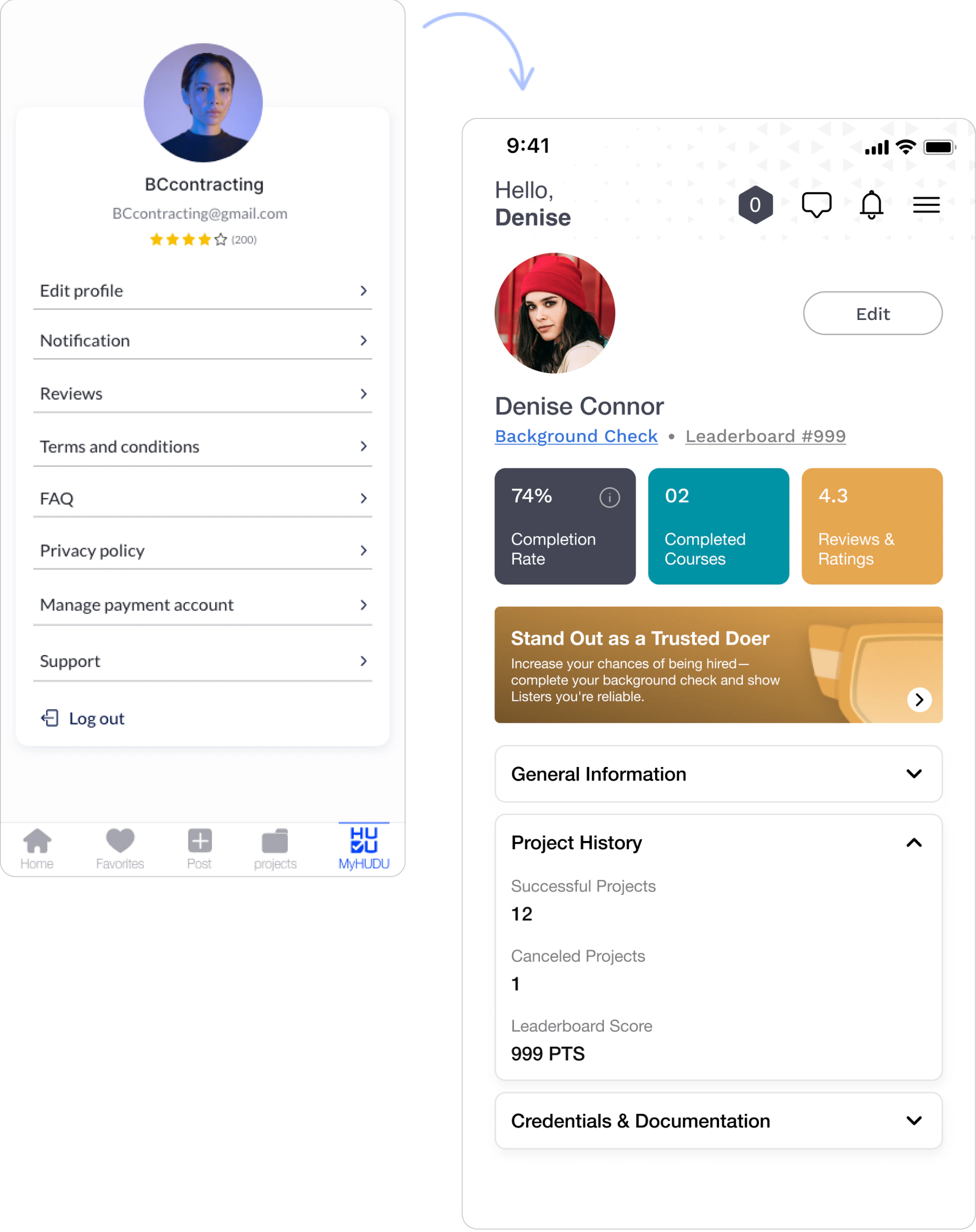 Profile before and after: the old settings-style list next to the redesigned profile with stats, a background-check banner and collapsible sections