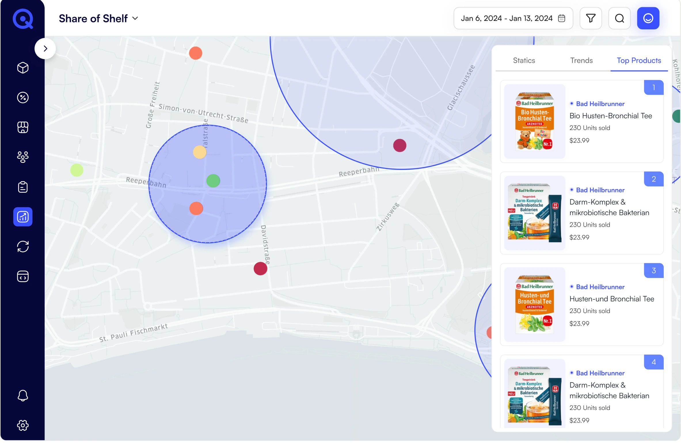 Share of Shelf map view of Hamburg with drawn territory circles and colour-coded store pins, and a Top Products panel ranking Bad Heilbrunner teas by units sold