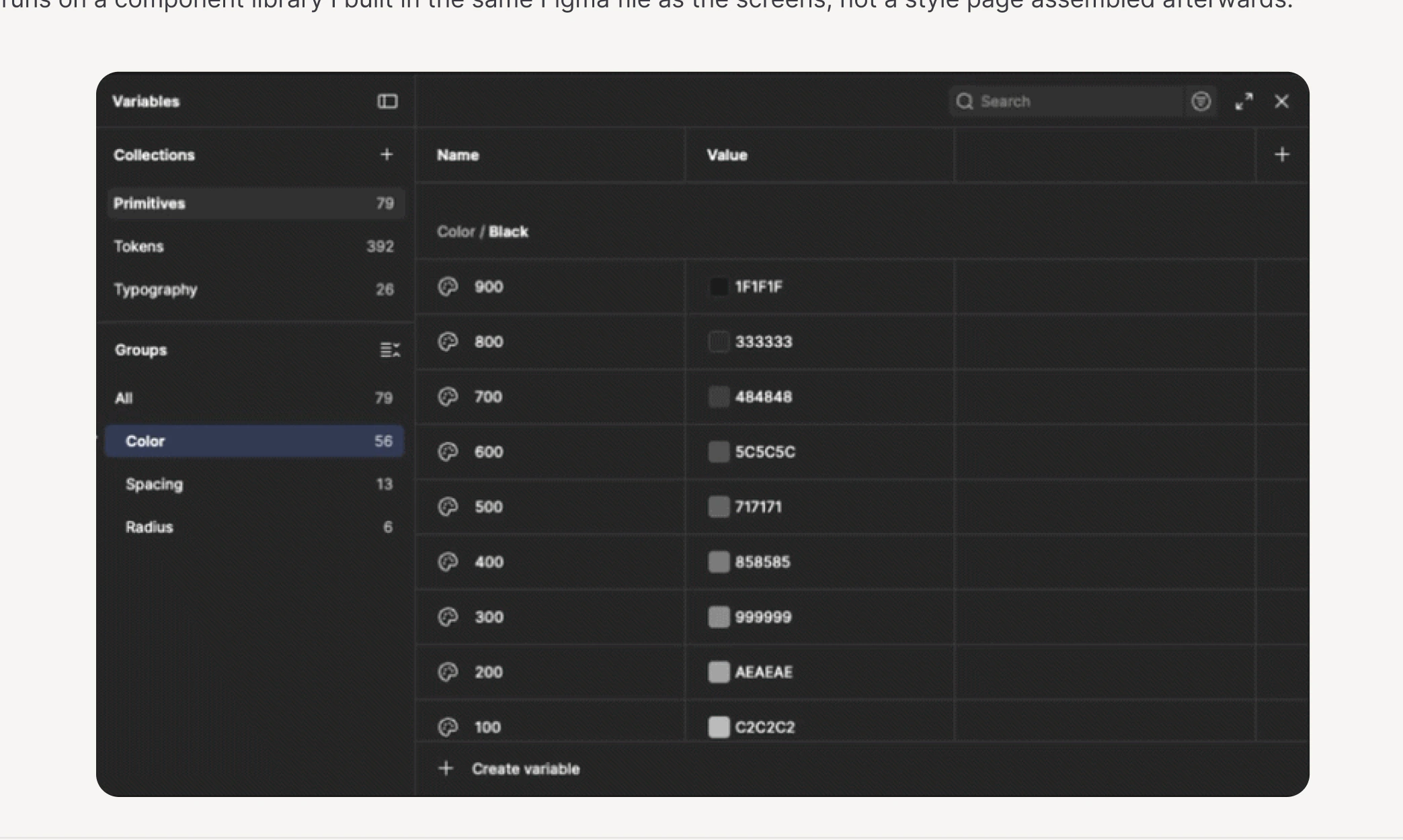 Figma variables panel showing the colour primitives of the ShopeyeQ design system