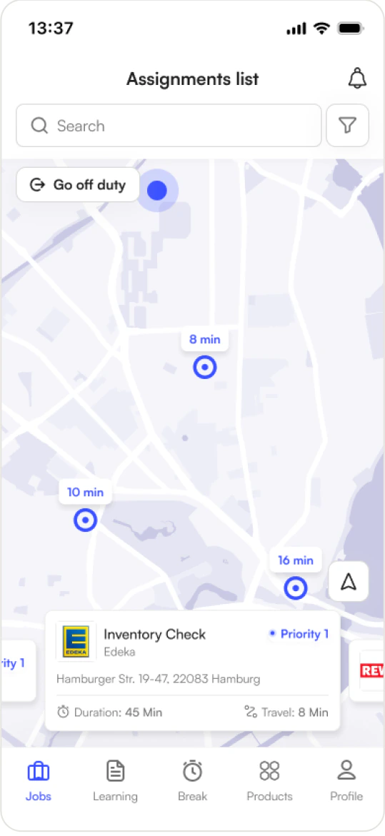 Assignments list with travel-time map pins