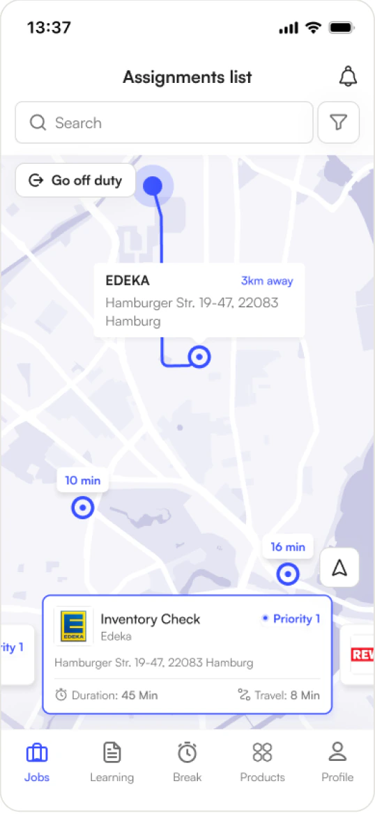 Selected store on the map with its route