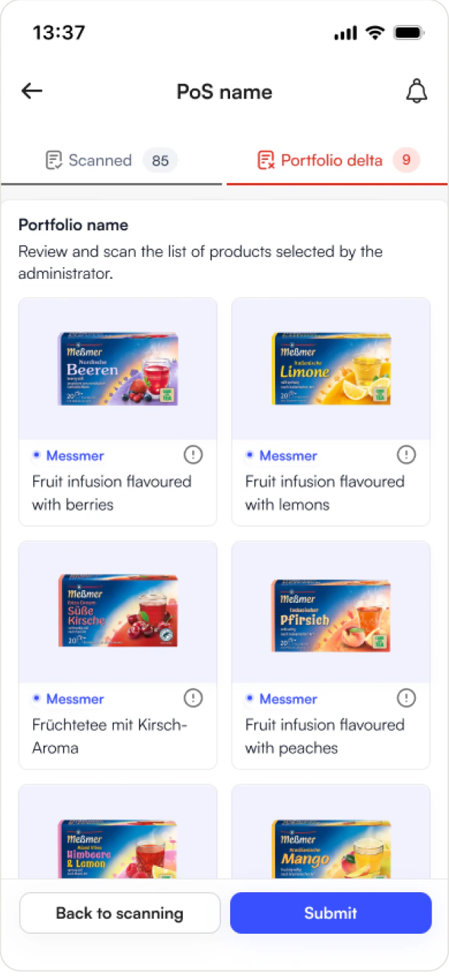 Portfolio delta tab listing the missing products
