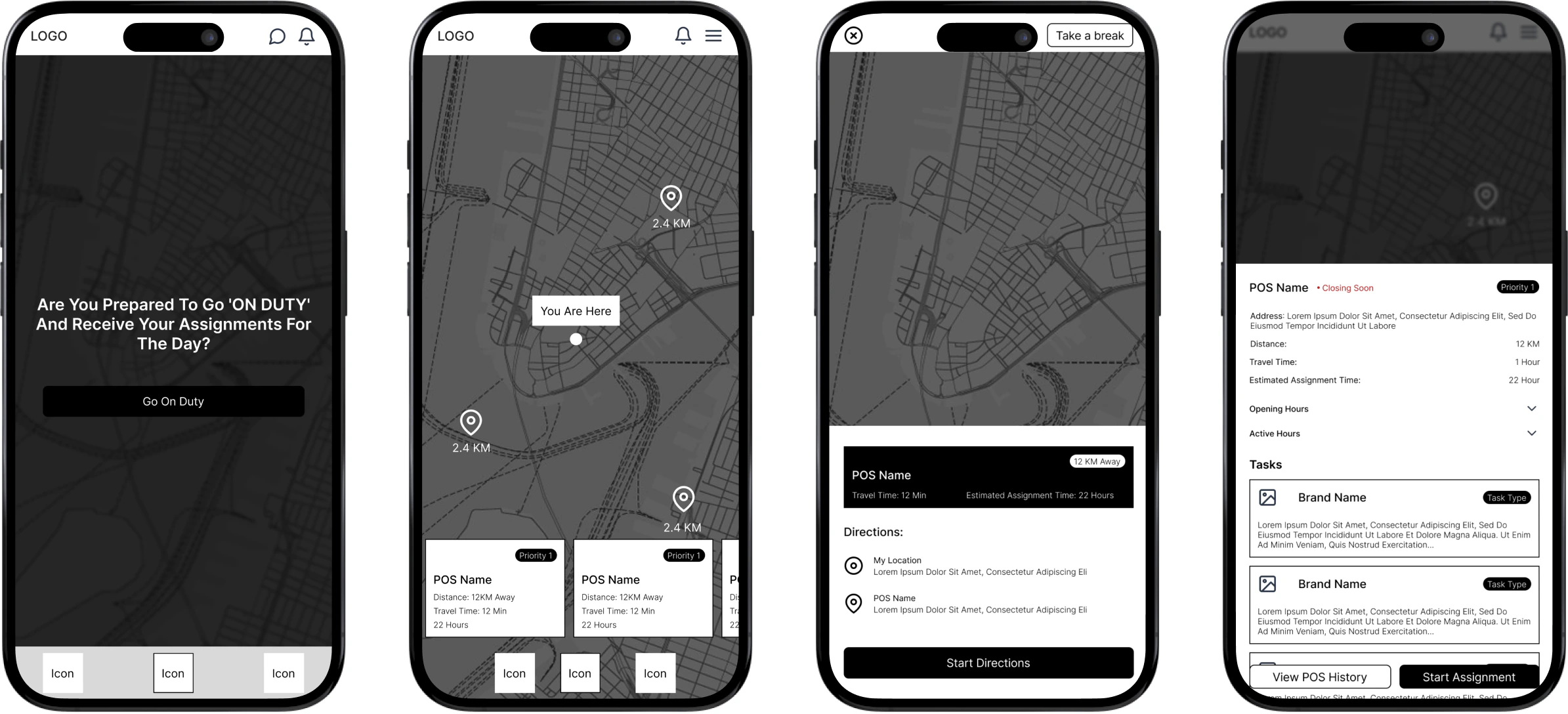 Four low-fidelity wireframes: going on duty, the map of points of sale, directions to a store, and the store detail sheet