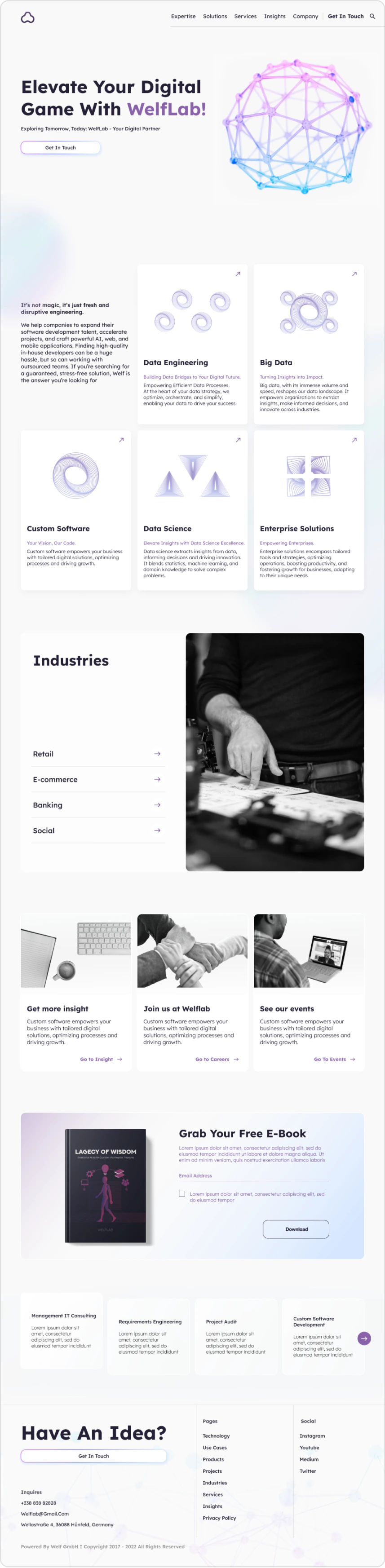 High-fidelity homepage: “Elevate Your Digital Game With WelfLab!” hero, expertise cards, industries, blog and e-book sections, and footer