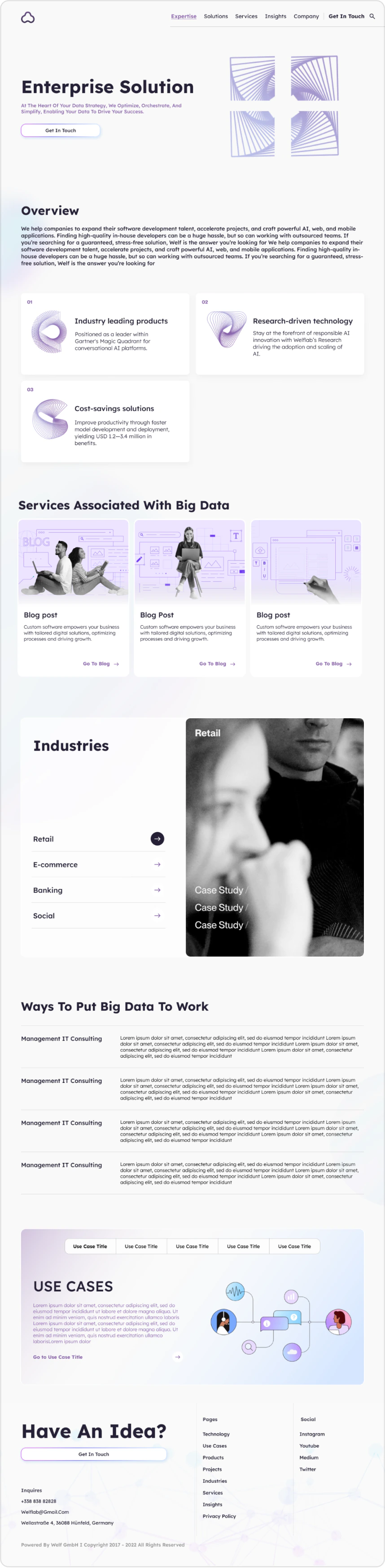 High-fidelity Enterprise Solution page: overview, services associated with big data, industries, ways to put big data to work, and use cases