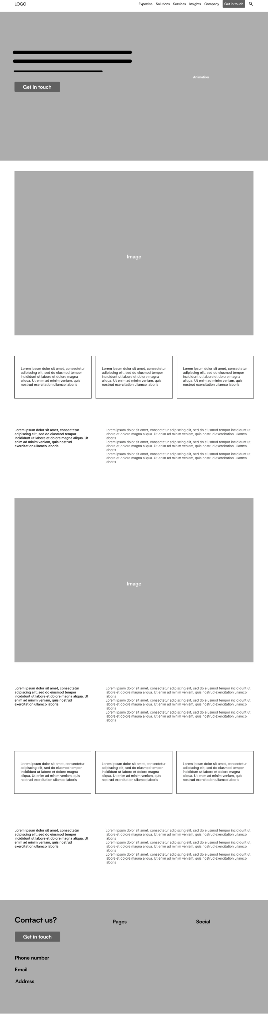 Low-fidelity wireframe of a case-study page: hero, image blocks, text columns and footer