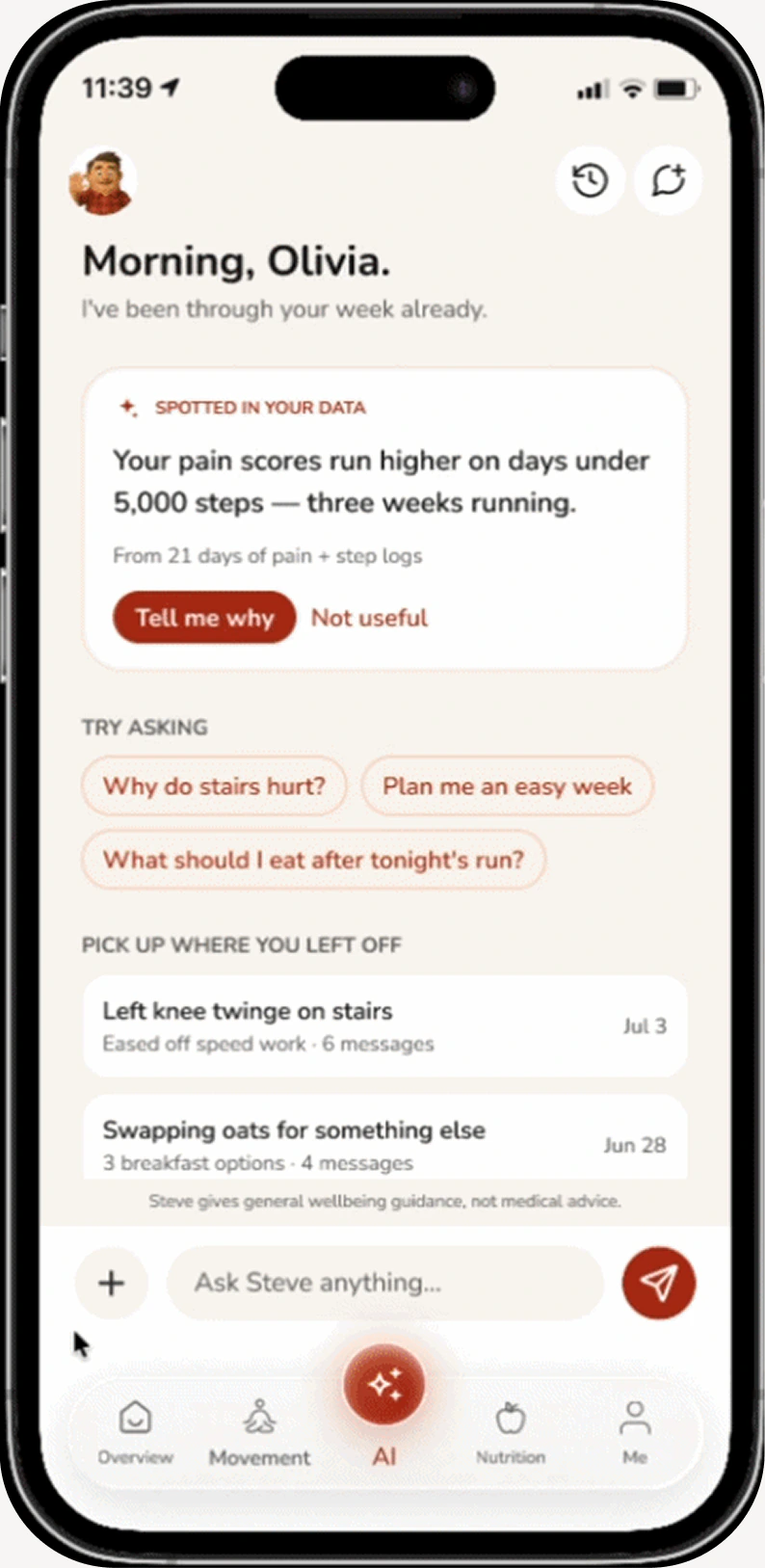 YouDoo AI assistant screen on an iPhone: a morning greeting for Olivia, a spotted pattern in her data, suggested questions and recent conversations