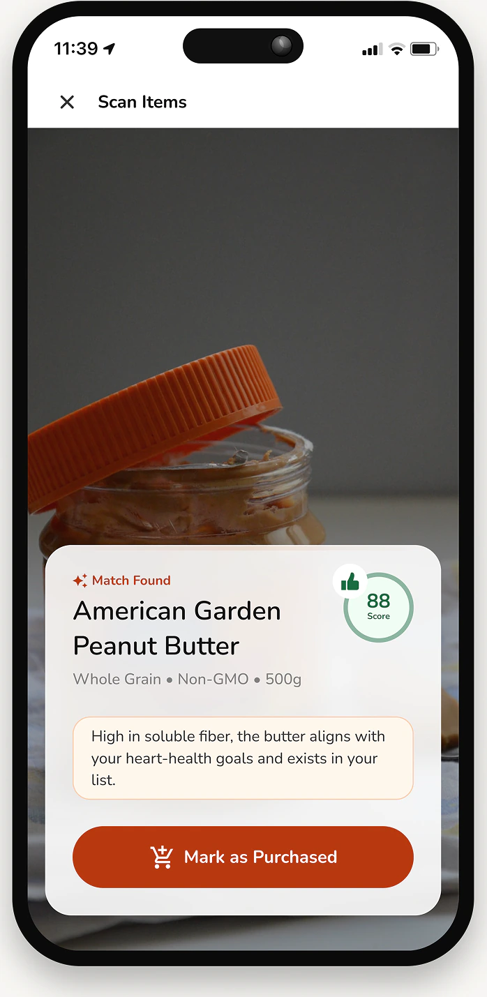 Scan items screen matching a jar of American Garden peanut butter with an 88 score