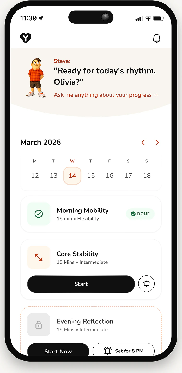 Movement home with the March 2026 calendar and the day's mobility, core stability and evening reflection sessions