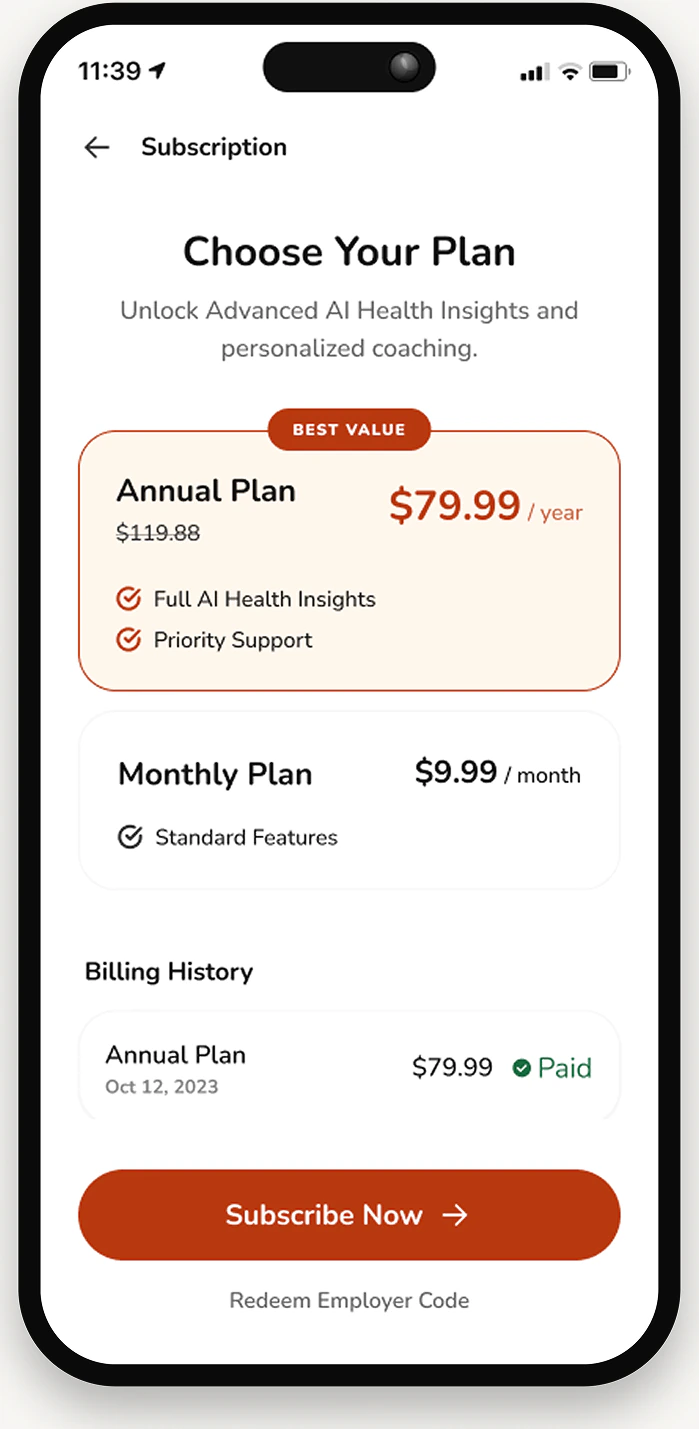 Subscription screen: annual and monthly plans with billing history